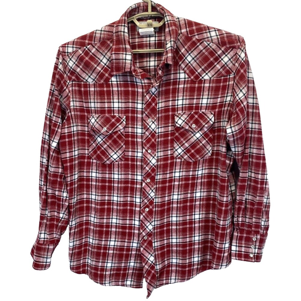 Wrangler Flannel Shirt Men's XL 16.5 x 33.5 Red Plaid Pearl Snap Rancher Western